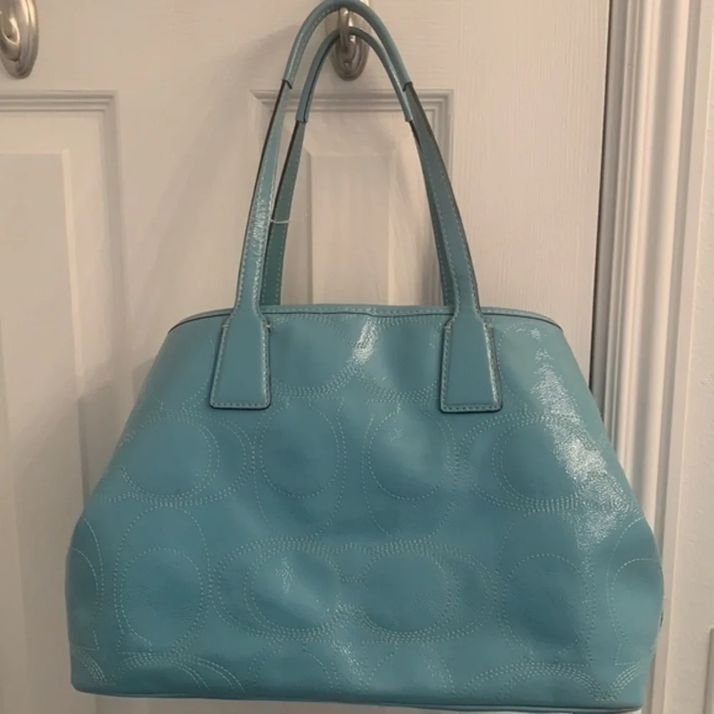COACH purse blue patent signature framed carryall bag